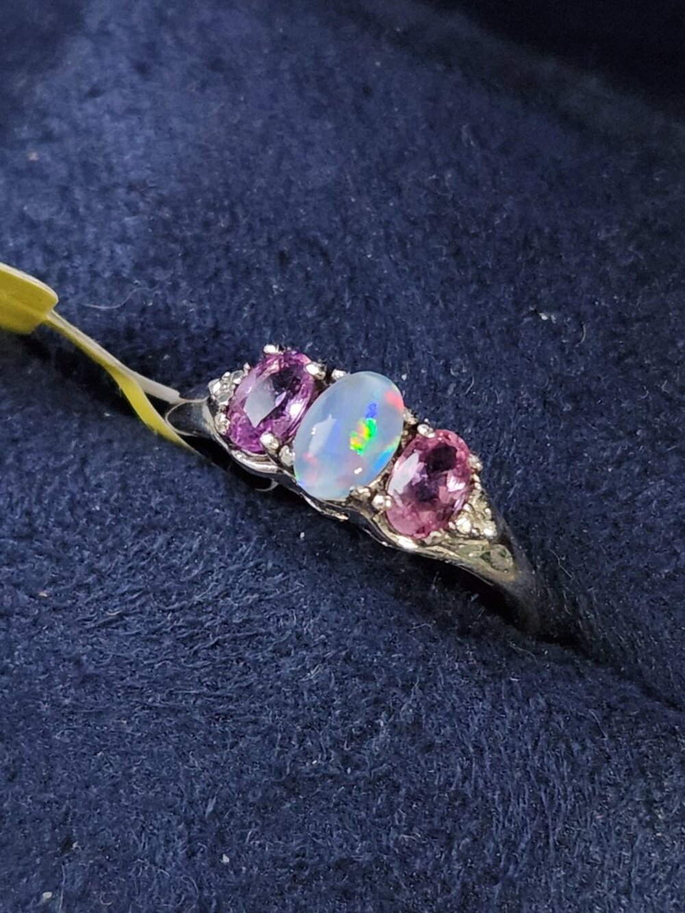 VIDEO! NWT Custom Natural Pink Violet Sapphire Opal Trilogy Ring Sz 7